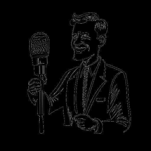 Strichzeichnung eines Mannes, der Harry G repräsentiert, der ein Mikrofon hält und ein Schild mit 'Harald Mainwiesen' darauf geschrieben