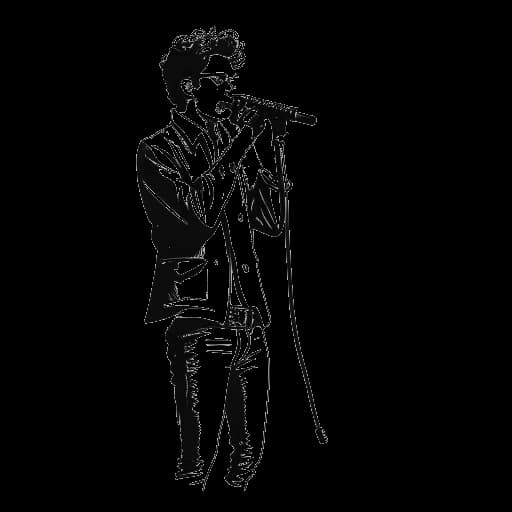 Strichzeichnung eines Mannes, der Harry G repräsentiert, der eine Kamera hält und auf der Bühne auftritt