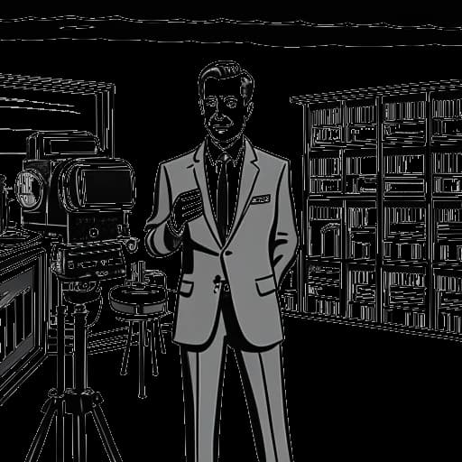 Line art drawing of a man representing Dr. Phil, wearing a suit and holding a microphone in front of a camera on a television studio set. Bookshelves filled with books are seen in the background.
