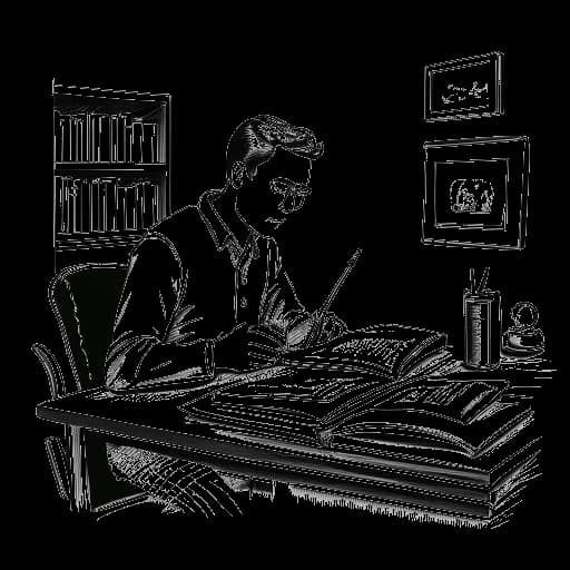 Line art drawing of a man, representing Dr. Phil, sitting at a desk with a book in front of him, holding a pen, with book covers for 'Life Strategies' and 'Relationship Rescue' on the wall behind him.