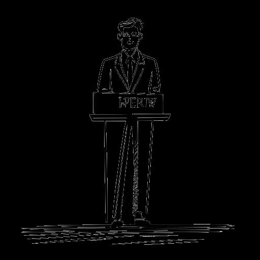 Line art drawing of a man, representing Dr. Phil, standing in front of a podium with a banner that reads 'Pathways' and the year '1985' in the background.