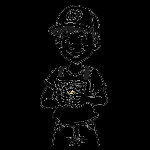 Line art drawing of a young boy, representing Dr. Phil, wearing an A&W Root Beer hat and an apron with a Pizza Planet logo, holding a root beer mug in one hand and a pizza slice in the other.
