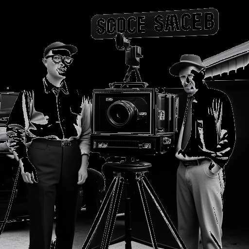 Line art drawing of a man, representing Dr. Phil, standing next to a younger man, representing Jay McGraw, in front of a movie camera, with a banner that reads 'Stage 29 Productions' in the background.