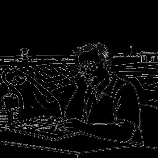 Line art drawing of a man, representing Dr. Phil, sitting in front of a map of Oklahoma, with a small town labeled Vinita, a root beer mug and a pizza slice nearby, and a worried look on his face.