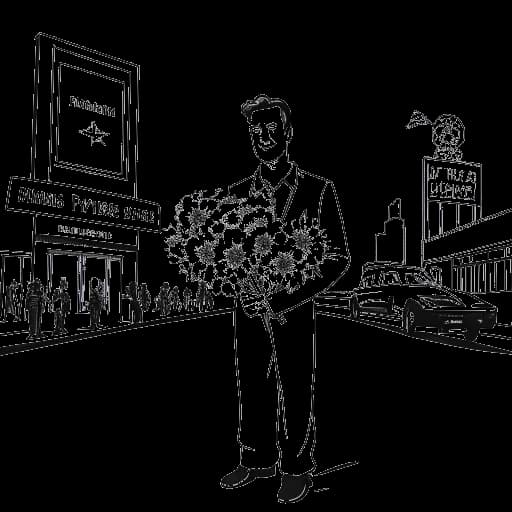 Line art drawing of a man, representing Dr. Phil, standing in front of a Hollywood Walk of Fame star with his name on it, holding a bouquet of flowers.
