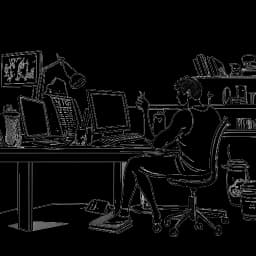 Sketch of an individual, representing David Laid, working on a computer in a room decorated with fitness achievements, symbolizing his online success in the intersection of gaming and bodybuilding, on a white backdrop.