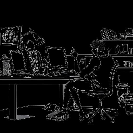 Sketch of an individual, representing David Laid, working on a computer in a room decorated with fitness achievements, symbolizing his online success in the intersection of gaming and bodybuilding, on a white backdrop.