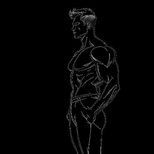 Line drawing of a muscular man, representing David Laid, radiating confidence and transformation from a scrawny teen to a figure of strength against a white backdrop.