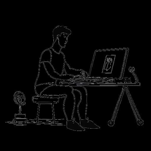 Line art of a man, representing David Laid, engaged with a laptop, amidst gym gear and a filming camera, symbolizing his online fitness empire against a plain backdrop.