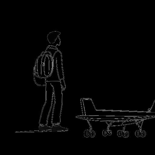 Line art drawing of a man, representing David Laid, with luggage standing in front of an airplane, indicating his move from Estonia to New Jersey