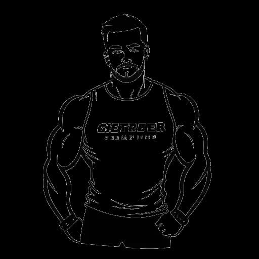 Line art drawing of a man, representing David Laid, wearing a Gymshark t-shirt and holding a barbell, with the text 'Creative Director'