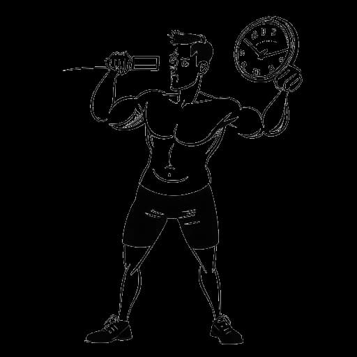 Line art drawing of a man, representing David Laid, holding a calendar and a stopwatch, with dumbbells in the background