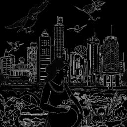 Line art drawing of a woman, representing Georgia Hassarati, with midwifery symbols like a stork and an infant, set against the Brisbane skyline.