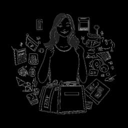 Line art drawing of a woman, representing Georgia Hassarati, posing with icons of social media platforms and branded shopping bags, with money stacks in the backdrop.
