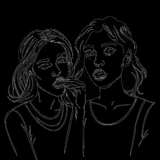 Disegno a linee di una donna, rappresentante Georgia Hassarati, che si copre un occhio, mentre sua sorella si scusa con una forchetta.