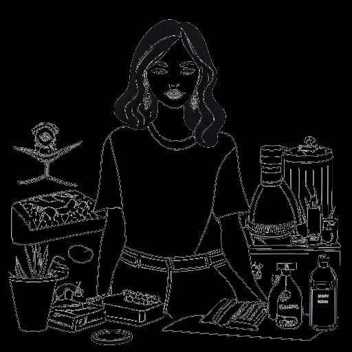 Disegno a linee di una donna, rappresentante Georgia Hassarati, che posa con prodotti di moda e lifestyle.