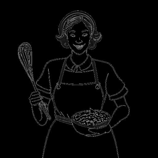 Disegno a linee di una donna, rappresentante Georgia Hassarati, che indossa un grembiule e tiene un cucchiaio di legno, circondata da ingredienti da cucina.