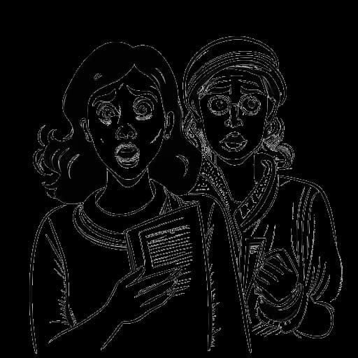 Disegno a linee di una donna, rappresentante Georgia Hassarati, scioccata mentre sua sorella tiene il suo passaporto.