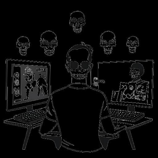 Lijntekening van een man, die Twomad vertegenwoordigt, met een doodskop-avatar, die interactie heeft met kijkers via verschillende schermen met YouTube- en Twitch-logo's, waarbij zijn creativiteit en innovatie in digitale contentcreatie worden belicht.