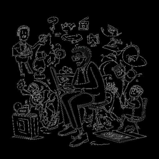 Lijntekening van een man, die Twomad vertegenwoordigt, verwikkeld in online controverses, interactie hebbend met mensen uit de sector, en onvoorspelbaarheid en provocativiteit toont in zijn online persona.
