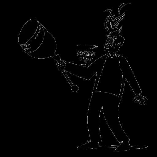 Line art drawing of a man, representing Twomad, holding a megaphone and standing in front of a flaming 'Controversy' sign.