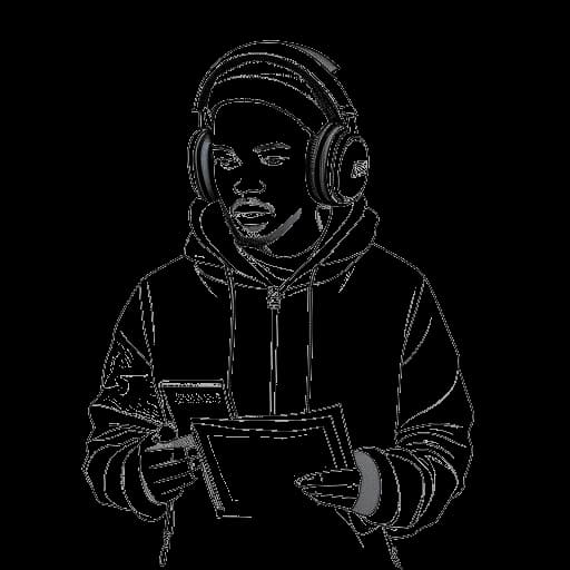 Line art drawing of a man, representing Twomad, wearing a hoodie and holding a map of Ethiopia and Manitoba.