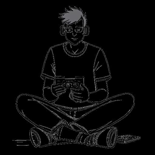 Line art drawing of a man, representing Twomad, holding a game controller and sitting in front of a Twitch and YouTube logo.