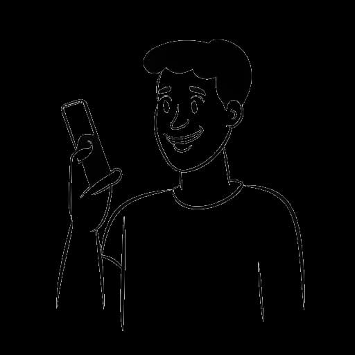 Line art drawing of a man, representing Twomad, holding a smartphone displaying a Zoom meeting and Twitter exchange, with a speech bubble in the background.