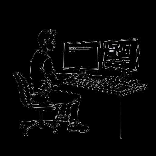Line art drawing of a man, representing Twomad, sitting at a desk with two computer screens, one displaying LOLYOU1337 and the other displaying 'Twomad'.