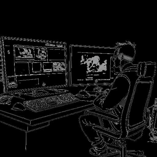 Line art drawing of a man, representing Twomad, sitting at a desk with dual screens showing Counter-Strike and Overwatch gameplay, surrounded by memes.