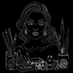 Line drawing of a woman, representing Kylie Jenner, surrounded by cosmetics like lipsticks, eyeshadow palettes, and makeup brushes, holding a makeup brush and a lipstick tube, embodying the range of Kylie Cosmetics, on a white background.