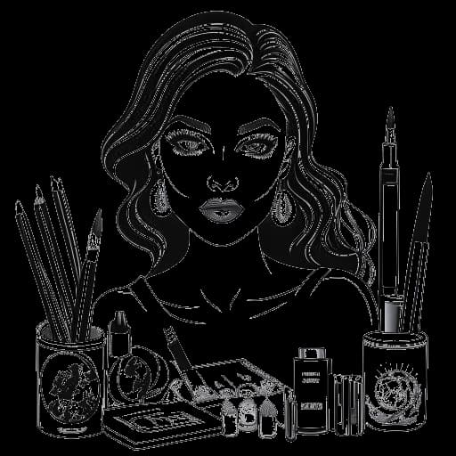 Line drawing of a woman, representing Kylie Jenner, surrounded by cosmetics like lipsticks, eyeshadow palettes, and makeup brushes, holding a makeup brush and a lipstick tube, embodying the range of Kylie Cosmetics, on a white background.