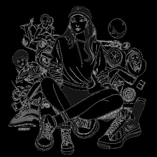 Line drawing of a woman, representing Kylie Jenner, surrounded by logos of brands like PUMA, Beats by Dre, and Adidas, in a confident pose, demonstrating her collaborations and icon status, on a white background.