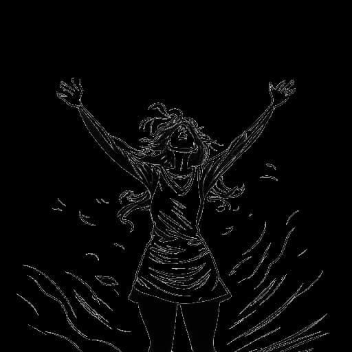 Line drawing of a woman, representing Kylie Jenner, standing firm amid a storm, also reaching out to help, signifying her resilience through controversies and her philanthropic work, on a white background.