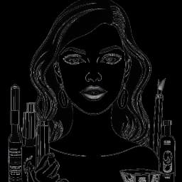 Line drawing of a woman, representing Kylie Jenner, with dark hair and glamorous makeup, holding a lipstick tube and surrounded by dollar signs and beauty products, symbolizing her success in the cosmetics industry, against a white background.