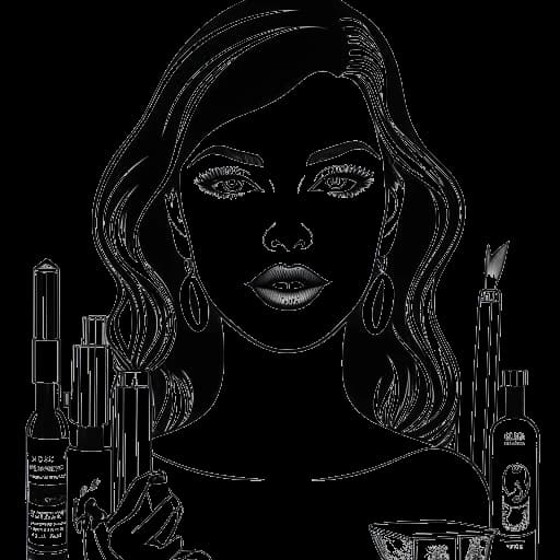 Line drawing of a woman, representing Kylie Jenner, with dark hair and glamorous makeup, holding a lipstick tube and surrounded by dollar signs and beauty products, symbolizing her success in the cosmetics industry, against a white background.
