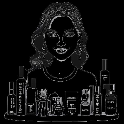 Line drawing of a woman, representing Kylie Jenner, holding a trophy and surrounded by skincare products like cleansers, moisturizers, and face masks, symbolizing her Forbes' Celebrity 100 recognition and Kylie Skin's success, against a white background.