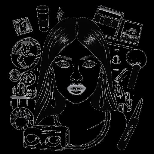 Strichzeichnung einer Frau, die Kylie Jenner repräsentiert, umgeben von Symbolen, die ihre Einkommensquellen darstellen, wie Make-up-Produkte, Hautpflegeprodukte, Werbeverträge, Kooperationen und Reality-TV-Auftritte, alles vor einem weißen Hintergrund.