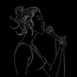 Strichzeichnung einer Frau, die Ariana Grande darstellt, mit einem hohen Pferdeschwanz, die in ein Mikrofon singt, umgeben von Musiknoten, gegen einen weißen Hintergrund