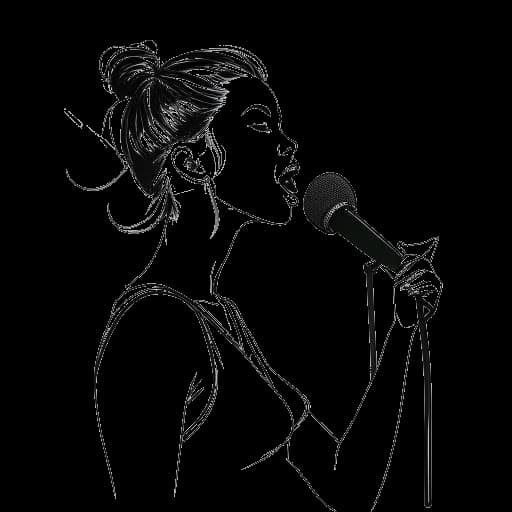 Strichzeichnung einer Frau, die Ariana Grande darstellt, mit einem hohen Pferdeschwanz, die in ein Mikrofon singt, umgeben von Musiknoten, gegen einen weißen Hintergrund