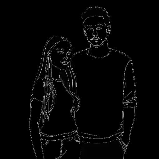 Strichzeichnung einer Frau, die Ariana Grande darstellt, mit einem hohen Pferdeschwanz, die neben einem Mann, Pete Davidson, steht und Händchen hält.