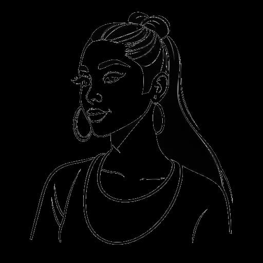 Strichzeichnung einer Frau, die Ariana Grande darstellt, mit einem hohen Pferdeschwanz, die einen YouTube-Play-Button und ein Spotify-Logo hält.