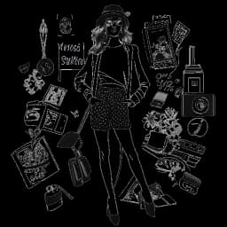 Lijntekening van een vrouw, symbool voor Devon Lee Carlson, poserend met een camera in een modieuze outfit, omringd door ontwerpconcepten en logo's van tijdschriften zoals Vogue, waarmee haar invloed in de modewereld wordt geïllustreerd.