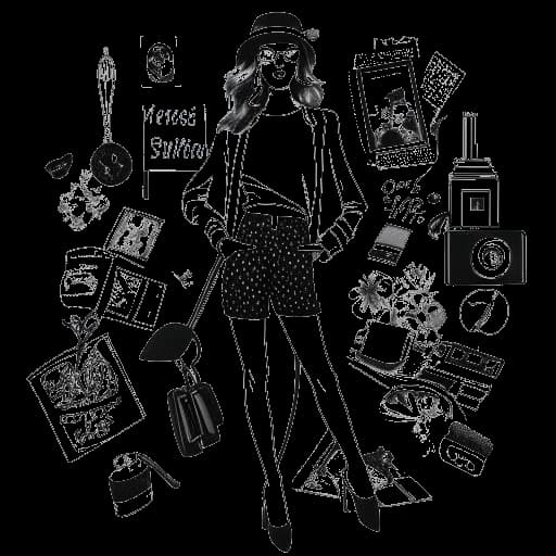 Lijntekening van een vrouw, symbool voor Devon Lee Carlson, poserend met een camera in een modieuze outfit, omringd door ontwerpconcepten en logo's van tijdschriften zoals Vogue, waarmee haar invloed in de modewereld wordt geïllustreerd.