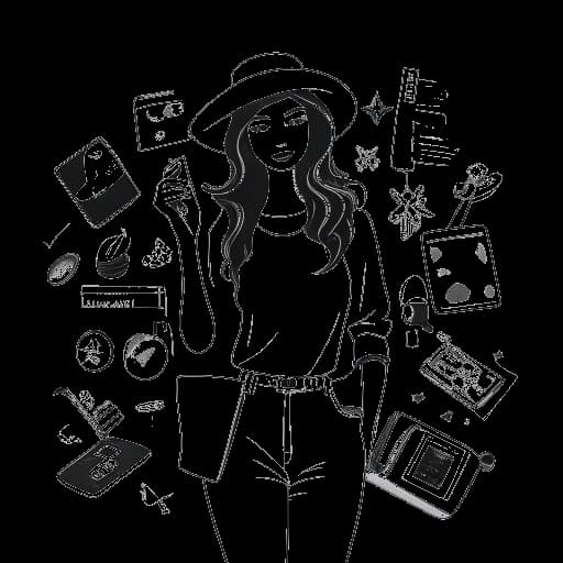 Line art of a woman, representing Devon Lee Carlson, encircled by iPhone cases and chic accessories with a YouTube play button, symbolizing her business success and online influence.