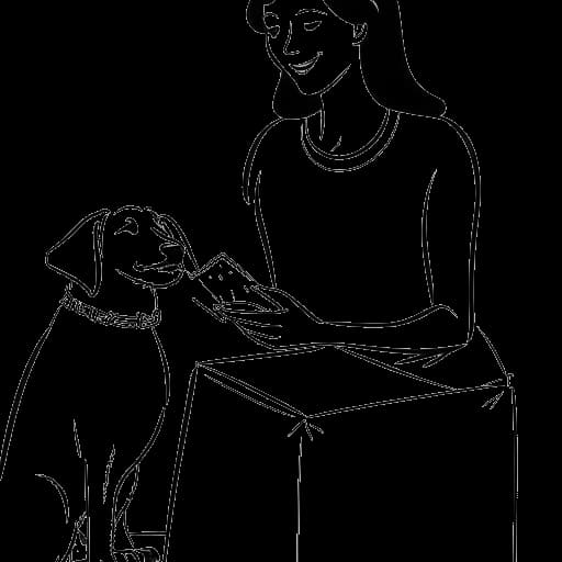 Line art drawing of a woman, representing Devon Lee Carlson, holding a dog and a donation box