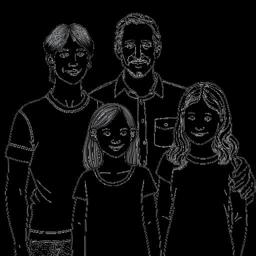 Line art drawing of a family, representing Devon Lee Carlson as the eldest child, with her parents on either side