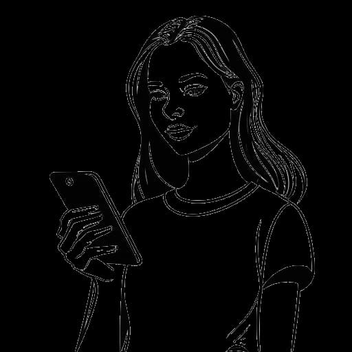 Line art drawing of a woman, representing Devon Lee Carlson, holding a phone with a large number of followers on the screen