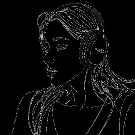 Line art drawing of a woman, representing Devon Lee Carlson, listening to music on headphones