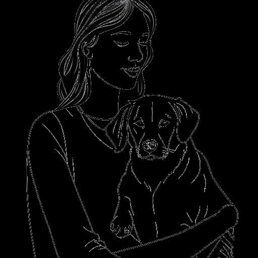 Line art drawing of a woman, representing Devon Lee Carlson, holding her pet dog, Martin